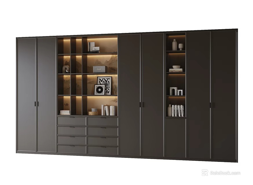 Modern Dark Bookcase With Display Shelves Drawers And Built In Lighting 3d model 