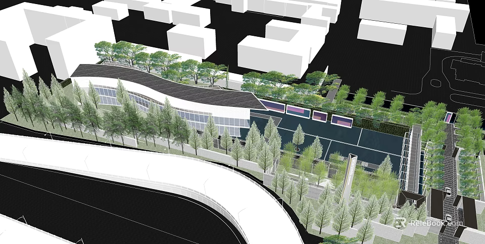 Lush Garden Landscape Design With Green Trees And Curved Pathways Around Buildings 3d model 
