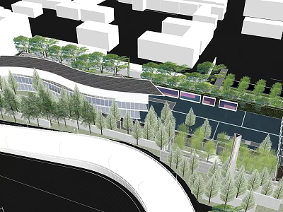 Lush Garden Landscape Design With Green Trees And Curved Pathways Around Buildings 3d model