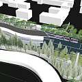 Lush Garden Landscape Design With Green Trees And Curved Pathways Around Buildings
