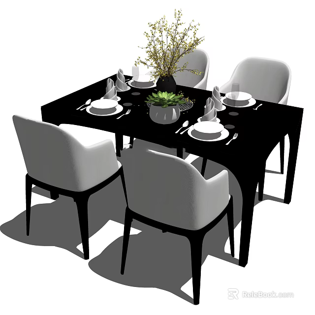 Modern Black Dining Table Set With White Chairs Tableware And Green Plants 3d model