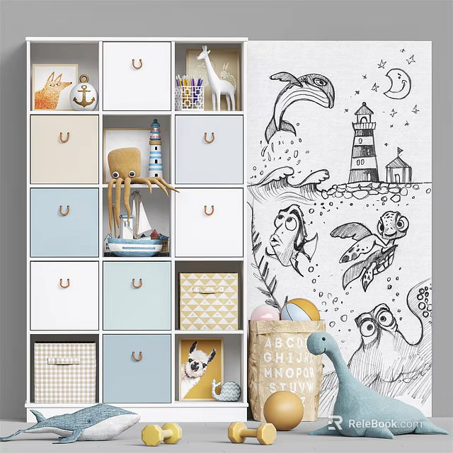 Kids Room Storage Cabinet with Drawers Bins and Ocean Theme Decorative Toys Lighthouse Sailboat Octopus 3d model 