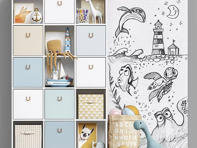 Kids Room Storage Cabinet with Drawers Bins and Ocean Theme Decorative Toys Lighthouse Sailboat Octopus 3d model