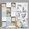 Kids Room Storage Cabinet with Drawers Bins and Ocean Theme Decorative Toys Lighthouse Sailboat Octopus