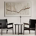 Modern Black Leather Accent Chairs With Wooden Frame Small Side Table And Textured Wall Art