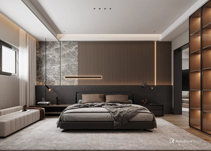 Modern Bedroom Interior Design With King Bed Accent Wall And Area Rug 3d model 