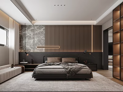Modern Bedroom Interior Design With King Bed Accent Wall And Area Rug 3d model