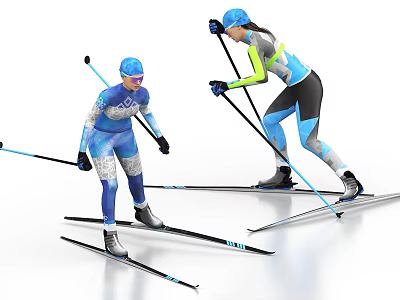 Two Women in Blue Ski Suits Skiing with Helmets Goggles Poles and Skis 3d model