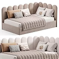 Modern Kids Bed with Stylish Headboard Soft Pillows and Cozy Blanket in Neutral Tones