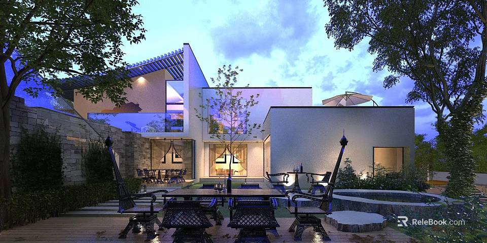 Modern Detached Villa Exterior With Outdoor Courtyard Landscaping Trees And Evening Lighting 3d model 