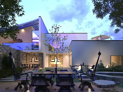 Modern Detached Villa Exterior With Outdoor Courtyard Landscaping Trees And Evening Lighting 3d model