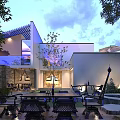 Modern Detached Villa Exterior With Outdoor Courtyard Landscaping Trees And Evening Lighting