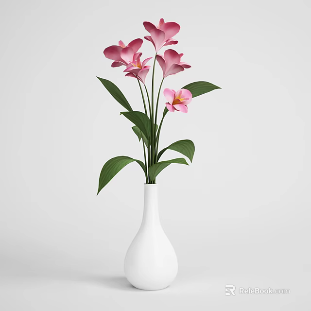 Elegant White Vase With Pink Flowers And Green Leaves For Home Decoration 3d model 