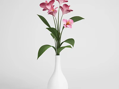 Elegant White Vase With Pink Flowers And Green Leaves For Home Decoration 3d model