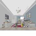 Modern Living and Dining Room Interior with Sofa TV Decorative Paintings and Area Rug