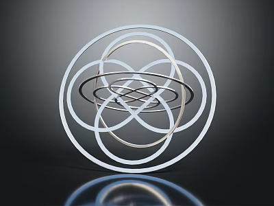 Metallic Sculpture With Multiple Intertwined Rings On Dark Reflective Background 3d model