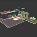 Modern Outdoor Space Model With Wooden Seats Platform And Green Plants