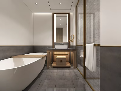 Modern Elegant Bathroom Interior Design With White Bathtub Gray Tiled Floor And Glass Shower 3d model