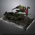Green Camouflage Military Vehicle Model With Tracks Mechanical Arm Weapon And Snow Dirt On Base