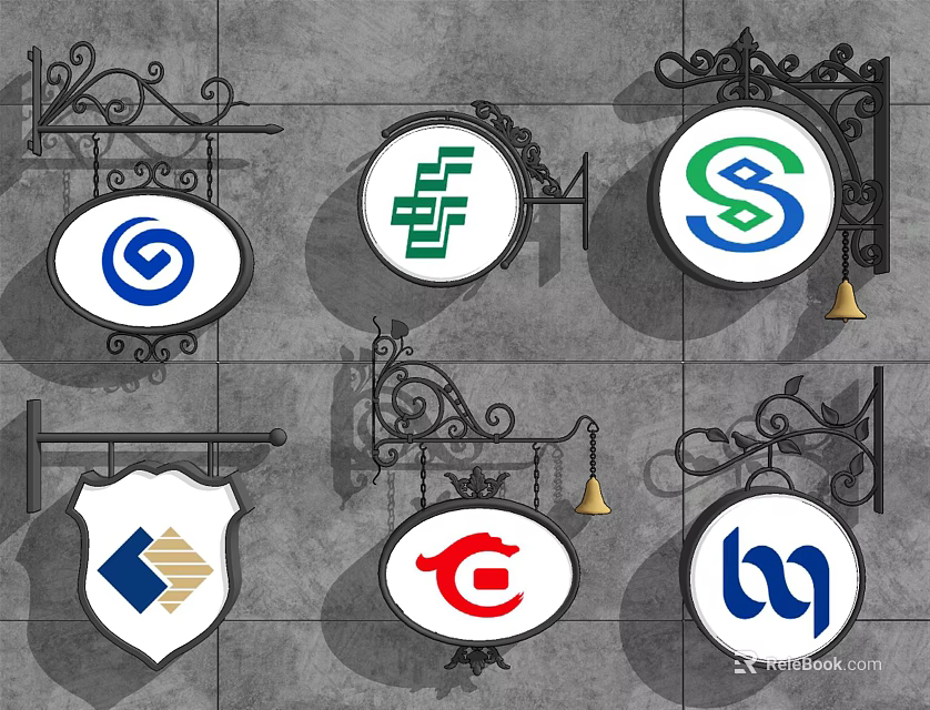 Public Facility Wall Mounted Signage With Various Shapes Metal Decorations And Bells 3d model 