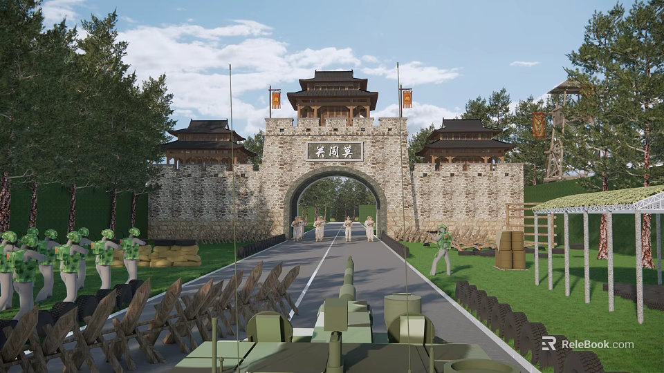 Ancient Chinese Architectural Style Gate of Qi Great Wall with City Walls Towers and Trees 3d model 