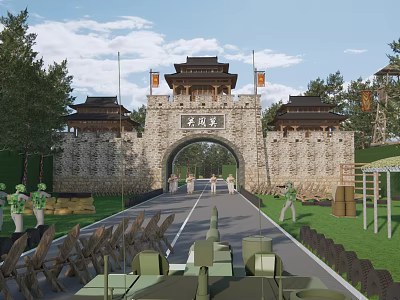 Ancient Chinese Architectural Style Gate of Qi Great Wall with City Walls Towers and Trees 3d model