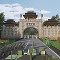 Ancient Chinese Architectural Style Gate of Qi Great Wall with City Walls Towers and Trees