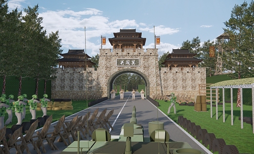 Chinese Ancient City Tower Pass War Scene Clock Tower Military Entrance Gate Ancient Chariot Military Facilities 3d model