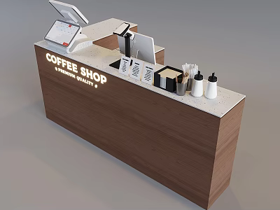 Wooden Coffee Shop Cash Register Counter with POS Display White Countertop and Coffee Supplies 3d model