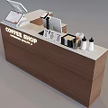 Wooden Coffee Shop Cash Register Counter with POS Display White Countertop and Coffee Supplies