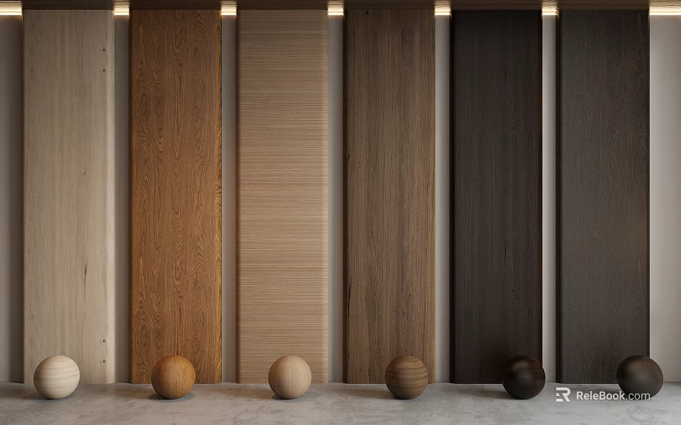 Natural Wood Wall Panels in Various Tones with Decorative Balls for Interior Design 3d model 