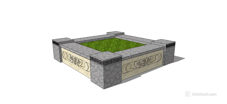 Ornate Square Stone Tree Pit With Carved Ornaments And Central Green Planting Area 3d model 