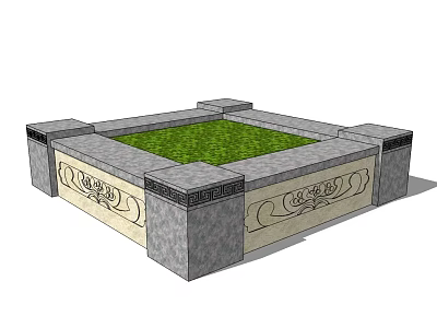 Ornate Square Stone Tree Pit With Carved Ornaments And Central Green Planting Area 3d model