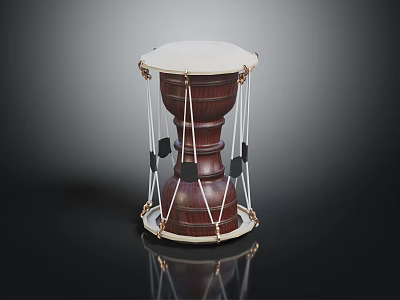 Classic Wooden Drum Musical Instrument With White Drumhead And Decorative Strings On Black Background 3d model