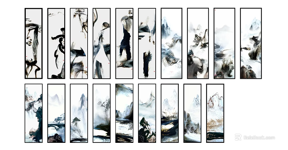 Ink Wash Vertical Scroll Wall Art With Landscape And Figure Motifs 3d model 