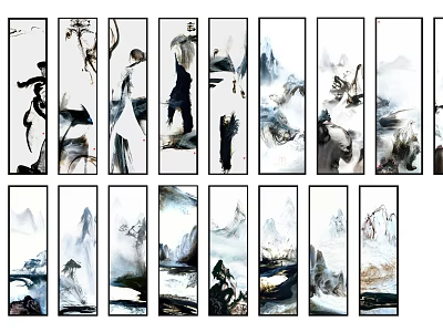 Ink Wash Vertical Scroll Wall Art With Landscape And Figure Motifs 3d model