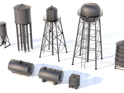 Heavy Duty Industrial Equipment With Tall Metal Water Towers Horizontal Storage Tanks And Metal Frames 3d model