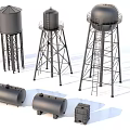 Heavy Duty Industrial Equipment With Tall Metal Water Towers Horizontal Storage Tanks And Metal Frames