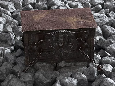 Antique Rustic Chest With Chained Locks Amidst Pile Of Gray Stones 3d model