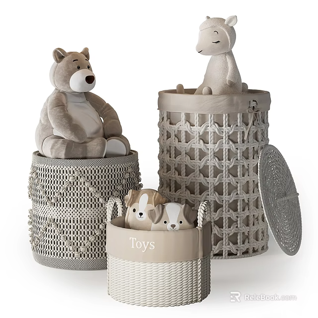 Stylish Wicker Storage Baskets For Stuffed Toys With Toys Label And Lid 3d model 
