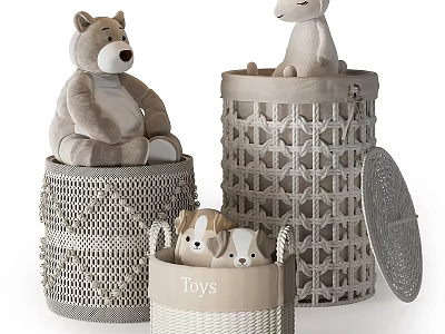 Stylish Wicker Storage Baskets For Stuffed Toys With Toys Label And Lid 3d model