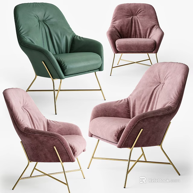 Elegant Green and Pink Accent Chairs with Velvet Upholstery and Gold Metal Legs 3d model 