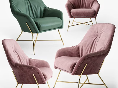 Elegant Green and Pink Accent Chairs with Velvet Upholstery and Gold Metal Legs 3d model