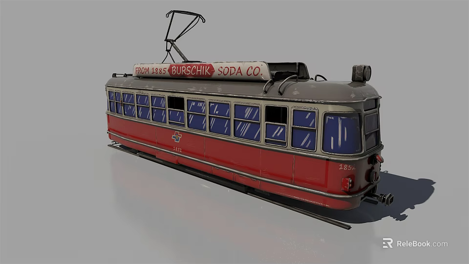 Vintage Red Tram Train With Multiple Windows And Trading Electric Soda Co Top Sign 3d model 