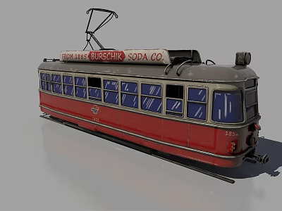 Vintage Red Tram Train With Multiple Windows And Trading Electric Soda Co Top Sign 3d model