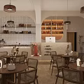 Modern Café Interior Design With Orange Arched Wall Portrait Cactus Wooden Tables And Pendant Lights