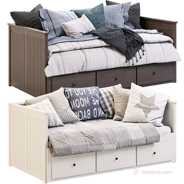 Double Sofa with Storage Drawers and Decorative Pillows Featuring Text and Star Patterns 3d model