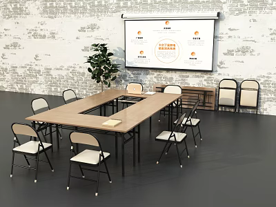 Rectangular Wooden Table With Multiple Chairs Green Plant And Projection Screen In Meeting Room 3d model