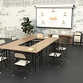 Rectangular Wooden Table With Multiple Chairs Green Plant And Projection Screen In Meeting Room