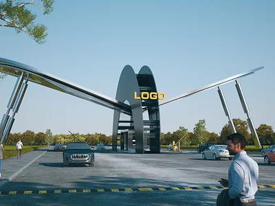 Modern Entrance Gate With LOGO Featuring Vehicles Passing Through Outdoor Area Surrounded By Trees 3d model